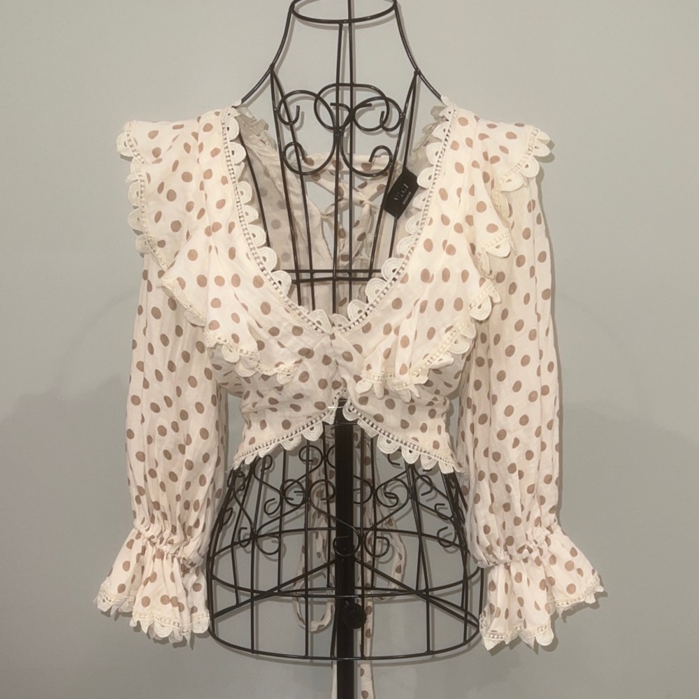 Vici Polka Dot Ruffle Wrap Cropped Blouse with Lace Detail  | Size M |